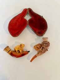 2- Small MEERSCHAUM PIPES And Cases Elk And Elephant