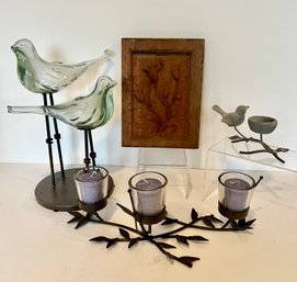Glass Birds On Metal Base, Wood Flower Wall Hanging, Branch Votive Candle Holder & Resin Bird
