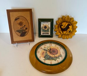 Sunflower Lot: Clock, Resin Wall Hanging, Framed Hudson River Sunflower Inlay,