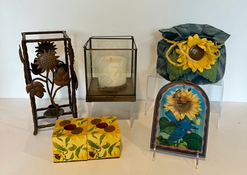 Sunflower Lot: Stain Glass, Paper Mache Planter And Candle Holders