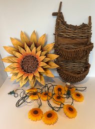 Sunflower Nesting Baskets, Sunflower String Of Lights And Vintage Wall Hanging Basket