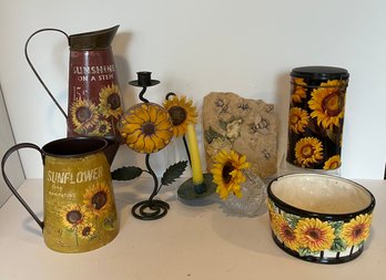 Sunflower Lot: Flitz And Floyd Pot, Tin Pitchers, Candle Holder Hangs On Wall, And More