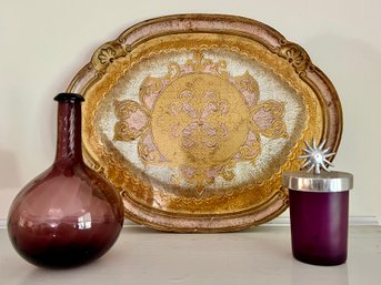 Florentine Tray, Hand Blown Amethyst Vase And Hand Made Canister With Metal Sun Top