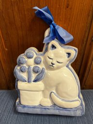 White & Blue Signed Thun Cat Wall Hanging