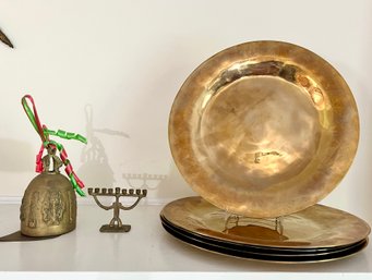 Midcentury Brass Italian Dinner Plates 1970s, Vintage Brass Thai Bell Bodhi Leaf From Thailand & Brass Menorah
