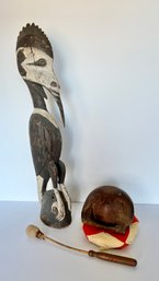 Papua New Guinea Bird Wood Statue And Japanese Wooden Drum Mokugyo Buddhist Altar Fitting Vtg Carving