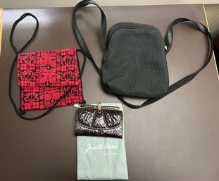 UO2 Crossbody Bag, Judith Leiber Wallet, And Red Embroidered Handbag Jordanian Bedouin Peasant Heritage