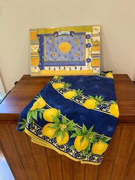 Oval Lemon Blue And Yellow Table Cloth.