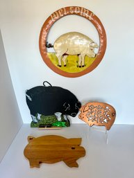 Pigs For The Kitchen : Cutting Boards, Trivets, Tin Wall Hanging And Chalk Board