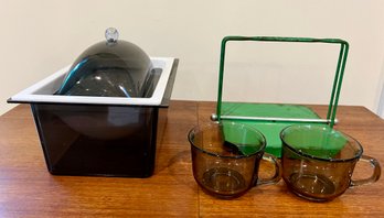 Retro Covered Dish, Metal Vintage Napkin Holder, And 2 Glass Mid Century Tea Cups