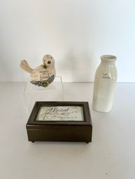 Friends Lot: Music Box, Resin Bird, And Ceramic Bottles