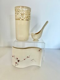 Lenox Vase, Bird And Vtg Mid Century Baatz Pottery Art Vase Wave Signed Cherry Blossom