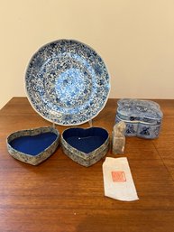 Porcelain Chinese Blue/white Plate, Butterfly Trinket Box And Soapstone Stamp (bonnie)
