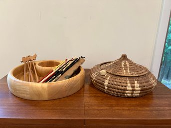 Crate And Barrel Wood Chip/dip Bowl, Chop Sticks And Vintage Boho African Coiled Medium Basket With Lid