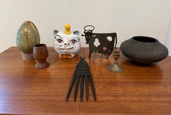 Littles Lot: Cat Ceramic Piggy Bank, Brass, Pottery Signed Bacon, Wood Pick, Marble Egg And More