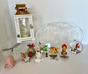 Christmas Lot: Ornaments, Platter, Stain Glass Angel Pig Ornament And More