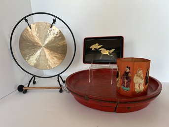 Woodstock Gong, 1940s Asian Folding Basket Vtg Silk & Paper, Lacquer Tray, & Antique Lacquer Chinese Tray