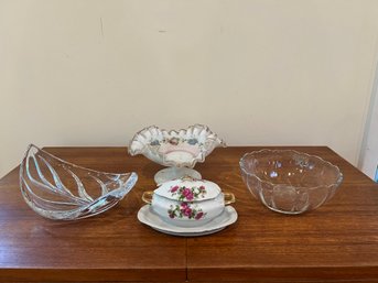 Tiffany & Co. Crystal Lead Plate, Royal Crown Sugar Bowl, French Bowl And Fenton Ruffle Pedestal Bowl