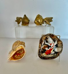 Koi Fish: Painted River Rock, Shell, And Brass Koi Fish