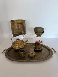 Brass Lot: Trays, Tea Pots, Buckets, Cups And More