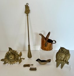 Brass Owl Hanging, Sunflower Ink Well, Brass Shoe Horn, Chinese Locks, And Copper Lion Bucket