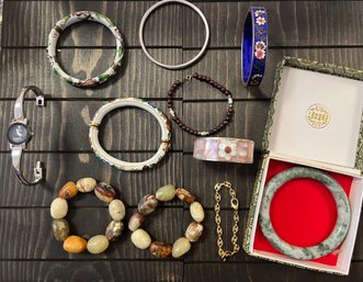 Bracelets: Jade, Cloisonne, Stones, 14k Beads, And Anne Klein Watch