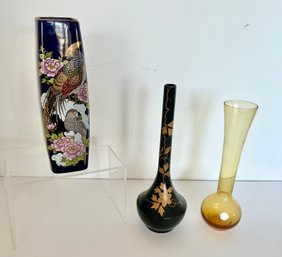 Vtg Japanese Cobalt Blue Pheasant Vase W/Gold Trim, Yellow Glass Italian Vase And Black/gold Vase