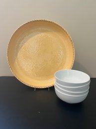 4- Everyday White Porcelain Bowls And Plastic Yellow Serving Tray