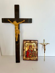 Religious Lot: Mother And Child Authentic Icon, Wood Crucifix And Metal Crucifix