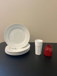 6-Potessa Espana Basketweave Plates, Ikea Milk Glass Vase And Red Pottery Vase