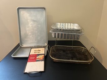 2- Nordicware Baking Trays, Sur La Table Hickory Grilling Plank, Aluminum Trays And BBQ Basket