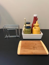 William And Sonoma Ceramic BBQ Condiment Set And Tray, Cutting Board And Napkin Holder