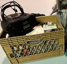 Large Crate Of CDs And Insignia CD Boombox Player Radio