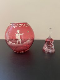 A Mary Gregory Cranberry Glass Bowl And Bell