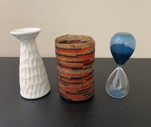 Michael Wainwright USA White Vase, Sand Timer And Beaded Vase/pen Holder