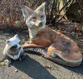Stone Fox And Resin Raccoon Garden Statues