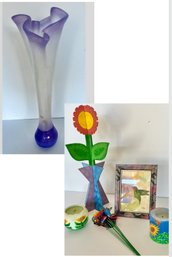 Bright And Sunny Lot: Wood Sunflower, Hummingbird Watercolor, 90s Candles, Kosta Boda, And Butterfly Flowers