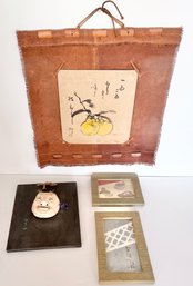Japanese Noh Mask, Japanese Pear Painting Attached To Cloth, And 2 Asian Block Prints