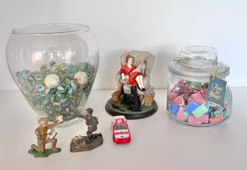 Vintage Marbles & Army Figures, Norman Rockwell 'Sitting Pretty' Figurine & Food For Thought Jar