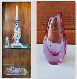 Messina Candelabra, Porcelian Butterfly, Boy Reading Scroll, Amethyst Grapes, Glass Tray & Bohemian Vase