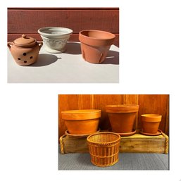 5-Terracotta Planters, Ceramic And A Basket Planter