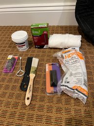 Garage Items: Nails, Paint Brush, Drop Cloth, Spackle And More