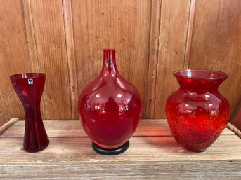 Mid Century Gral Design Red Vase, Red Crackle Vase And Hand Blown Quality Red Art Vase