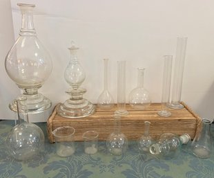 Vintage Pharmacy Collection: Glass Beakers, Hydrometer Jars, Flasks & Stacking Apothecary Jars