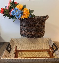 2 Wood, Wicker Trays, Basket, And Faux Flowers