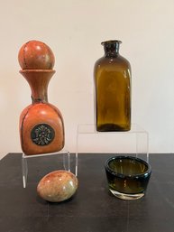 Marble Egg Made In Italy, Kosta Boda Trinket Dish, Leather Covered Decanter, And Glass Utility Bottle