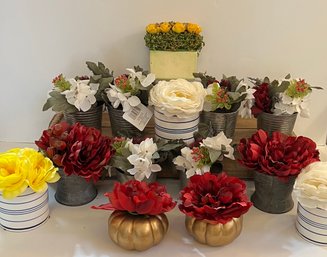 14 Faux Flowers In Pots, Tin And Ceramic