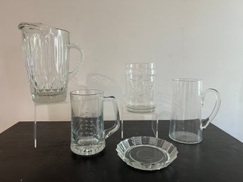 Pitchers, Etched Glass Stein With Ship, Jar With Eagle (no Lid) And Trinket Plate