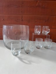 Large Glass Punch Bowl And 6 Mugs