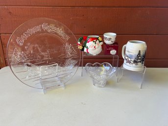 Christmas Lot: Season Greetings Glass Platter, Santa Mug, Stetson Stein Victorian Candle Holder & Cut Glass